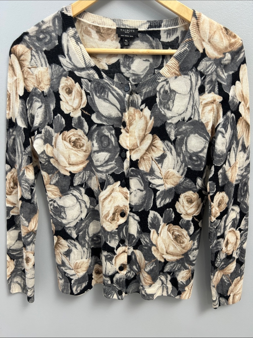 Talbots Pure Merino Wool Floral Button-Front Cardigan